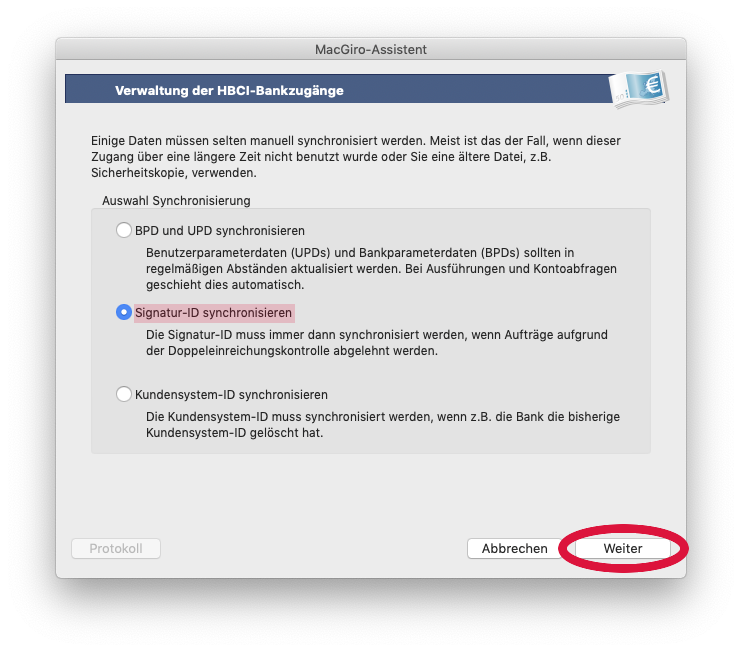 Auswahl Synchronisierung der Signatur-ID